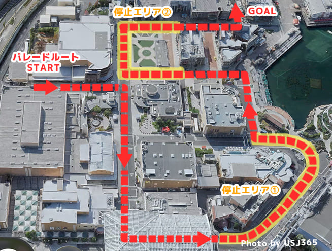 パレードルートとフロート停止位置